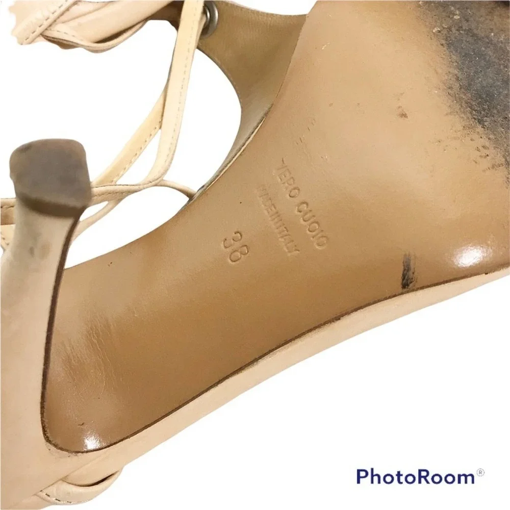 Borgo Degli Ulivi tan t strap harness self tie heels